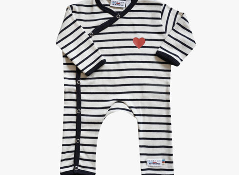 Gestreifter Strampler mit Aufdruck Natural-Navy Heart