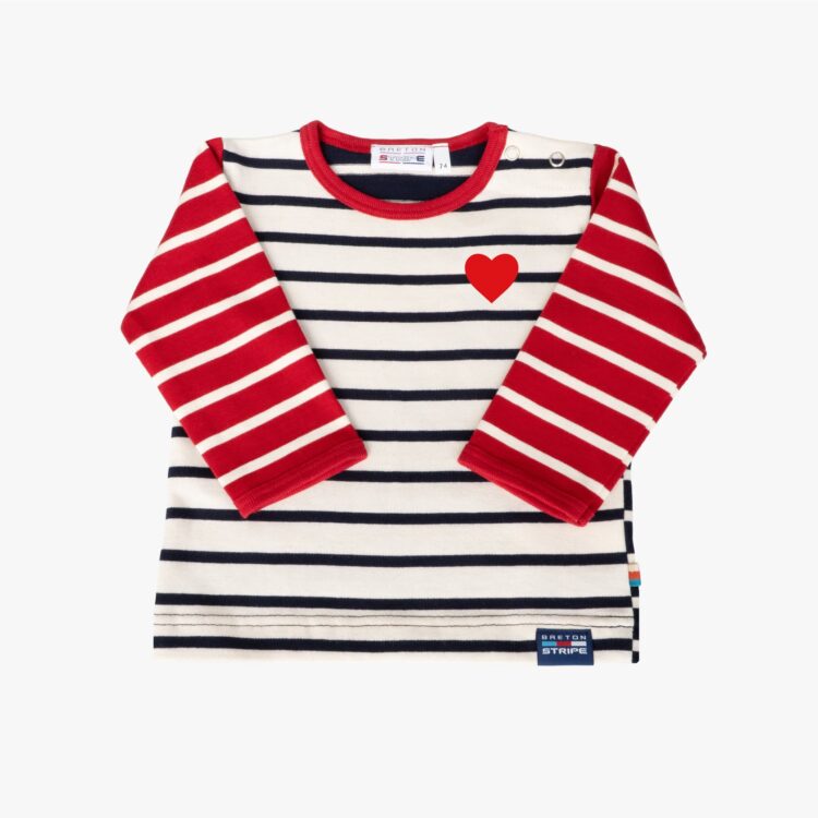 Gestreiftes Shirt für Kinder & Babys mit Druckknopf in der Farbkombination Marineblau - Naturel - Bordeauxrot mit Bootmotiv