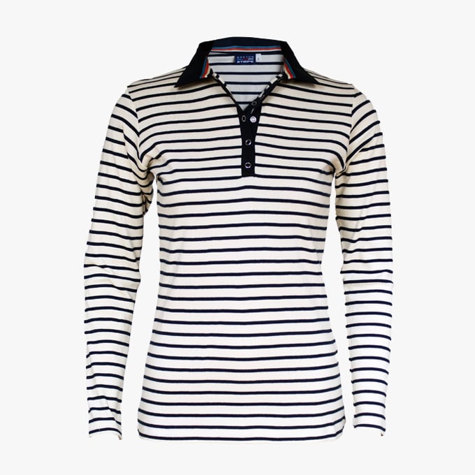 Poloshirt Langarm in der Farbe Naturel - Marineblau