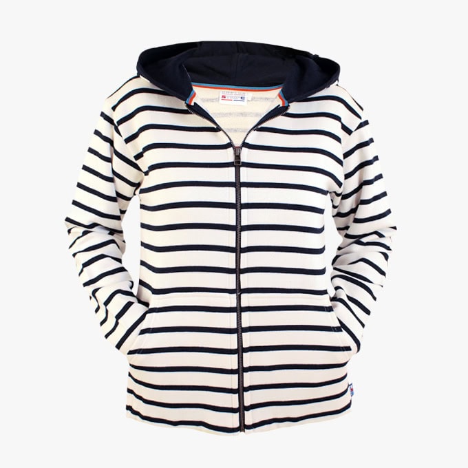 gerade Strickjacke mit Kapuze in der Farbe Naturel - Marineblau