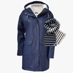 Regenmantel Teddyfutter und Bretonische Schal in der Doppelfarbe Marineblau - Naturel