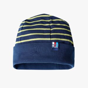 Gestreifte Mütze mit einfarbigem Band in der Farbe Marineblau - Limegrün