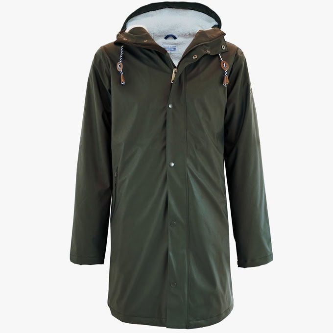 Regenjacke gerades Modell mit Teddy-Futter in der Farbe Moosgrün