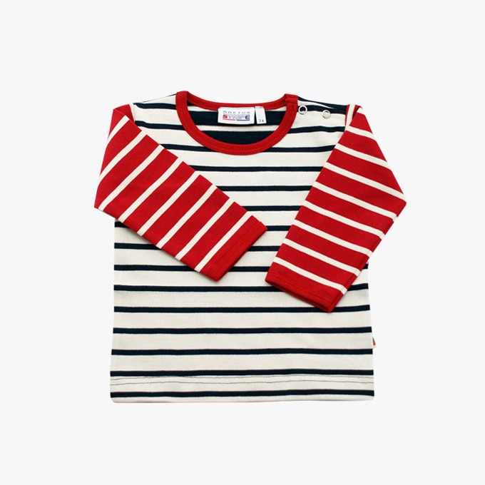 Streifen-Shirt mit Druckknopf in der Farbkombination Marineblau - Naturel - Bordeauxrot