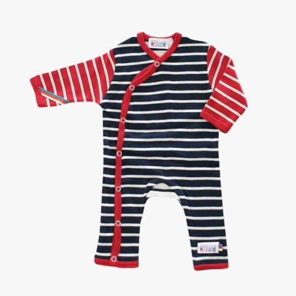 Gestreifter Strampler in der Farbkombination Marineblau - Naturell - Bordeauxrot