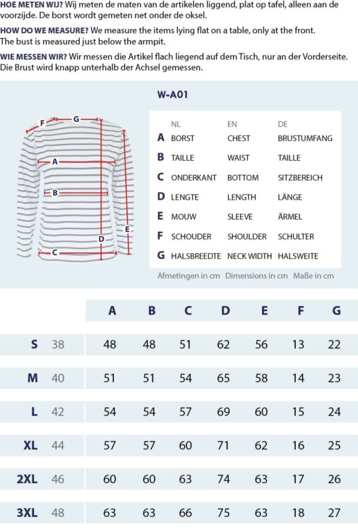 Größentabelle Klassische Bretonische Shirt mit Messpunkten und Abmessungen