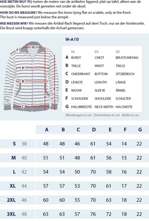 Gr&ouml;&szlig;entabelle Strickjacke mit Taschen mit Messpunkten und Abmessungen
