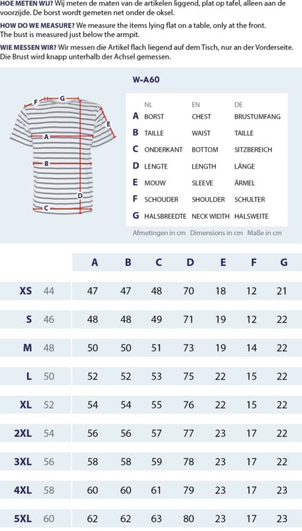 Gr&ouml;&szlig;entabelle Gestreiftes T-Shirt f&uuml;r Herren mit Messpunkten und Abmessungen