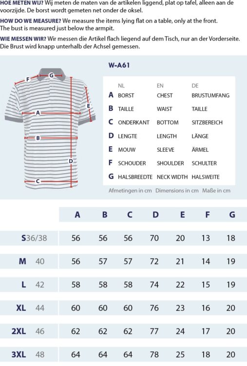 Gr&ouml;&szlig;entabelle Poloshirt Piqu&eacute; mit Messpunkten und Abmessungen
