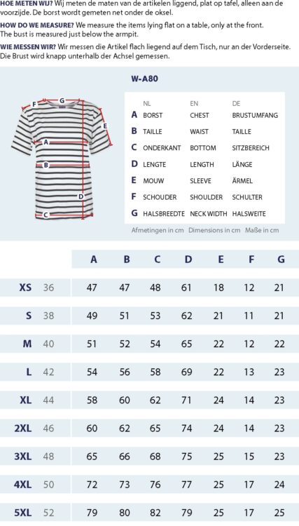 Gr&ouml;&szlig;entabelle Gestreiftes T-Shirt f&uuml;r Damen mit Messpunkten und Abmessungen