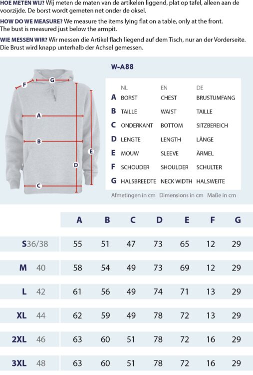 Gr&ouml;&szlig;entabelle Hoodie Sweatshirt mit Messpunkten und Abmessungen