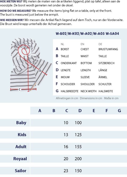 Gr&ouml;&szlig;entabelle Schal mit Messpunkten und Abmessungen