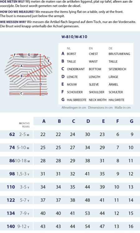 Gr&ouml;&szlig;entabelle Klassische Bretonische Shirt Kinder & Babys mit Messpunkten und Abmessungen