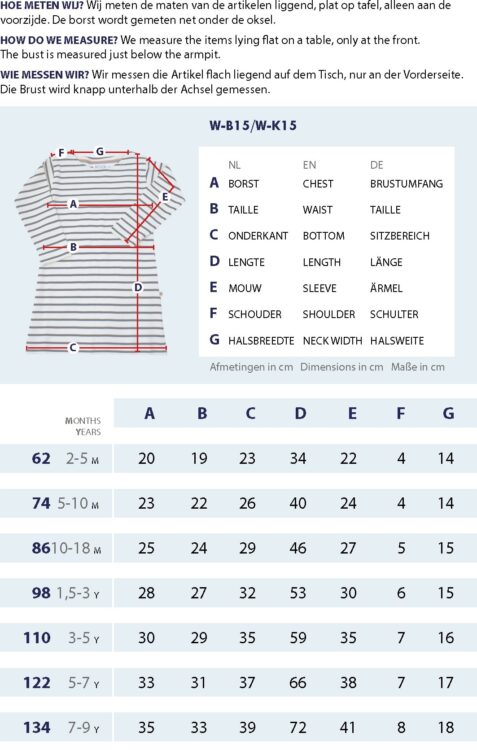 Gr&ouml;&szlig;entabelle Damen gestreifte Kinder Kleid mit Messpunkten und Abmessungen