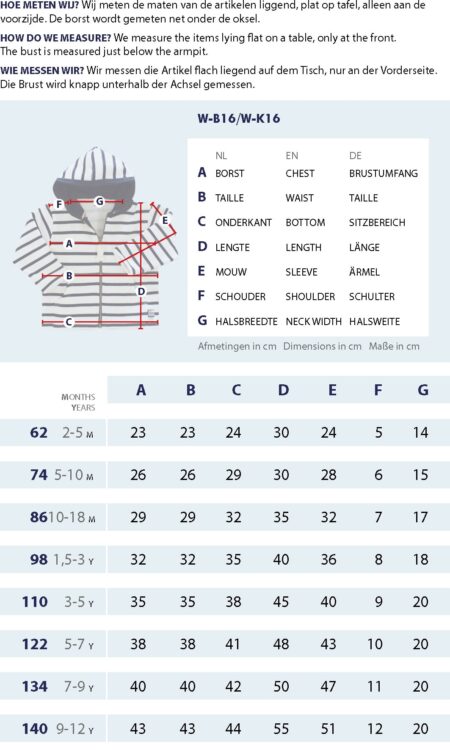 Gr&ouml;&szlig;entabelle Kinder-Strickjacke mit Messpunkten und Abmessungen