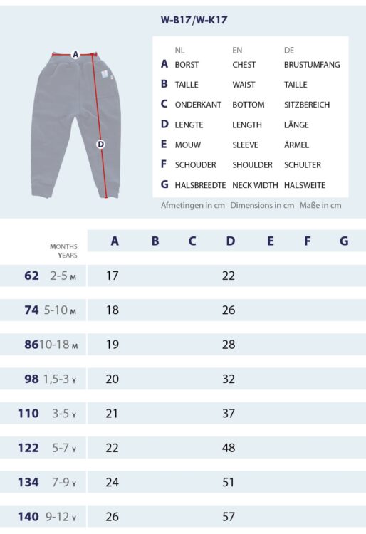 Größentabelle Joggingshose für Kinder und Babys mit Messpunkten und Abmessungen