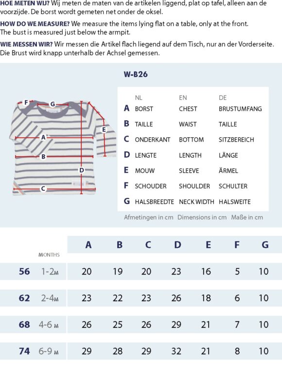 Größentabelle Damen Klassisches Bretonisches Shirt für Neugeborene mit Messpunkten und Abmessungen