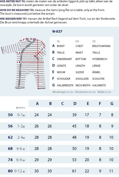 Größentabelle Damen gestreifter Strampler mit Messpunkten und Abmessungen