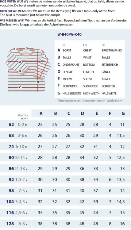 Gr&ouml;&szlig;entabelle Streifenshirt mit Druckknopf mit Messpunkten und Abmessungen