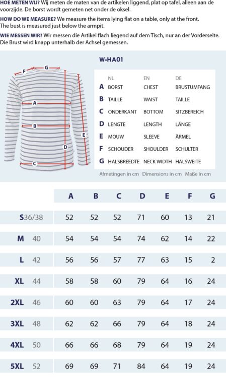 Größentabelle Klassische Bretonische Shirt für Männer mit Messpunkten und Abmessungen