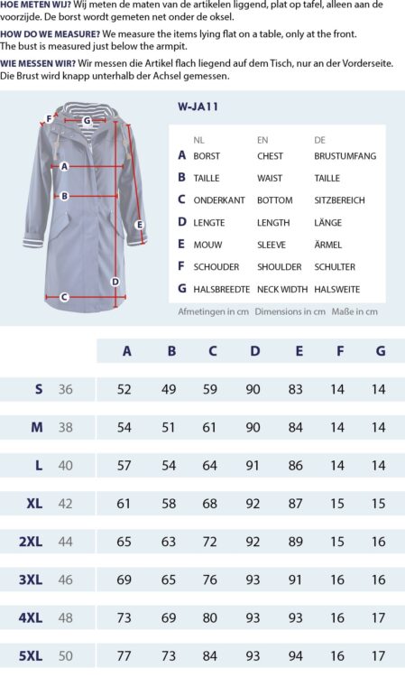 Gr&ouml;&szlig;entabelle Regenmantel mit Streifen-Futter mit Messpunkten und Abmessungen