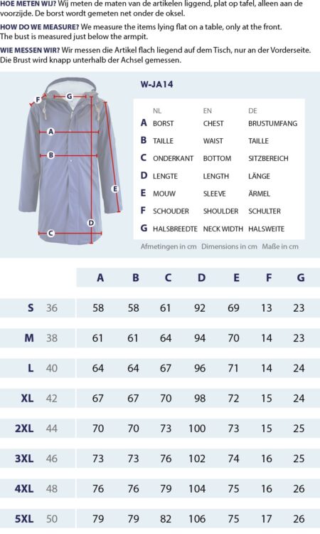 Gr&ouml;&szlig;entabelle Regenjacke Teddyfutter mit Messpunkten und Abmessungen