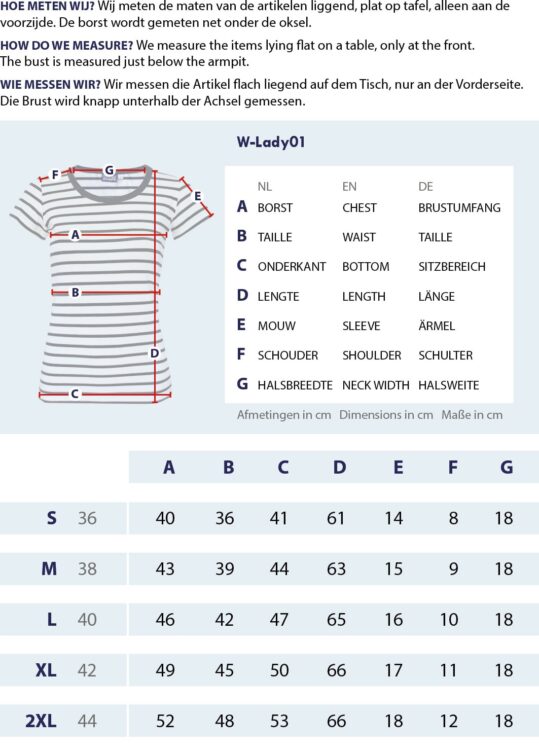 Größentabelle Streifenshirt Kurzarm mit Messpunkten und Abmessungen