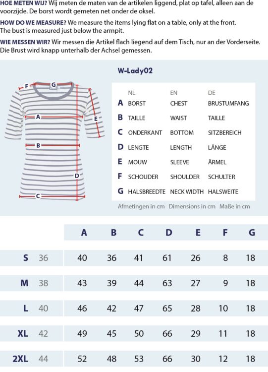 Gr&ouml;&szlig;entabelle Streifenshirt Kurzarm mit Messpunkten und Abmessungen