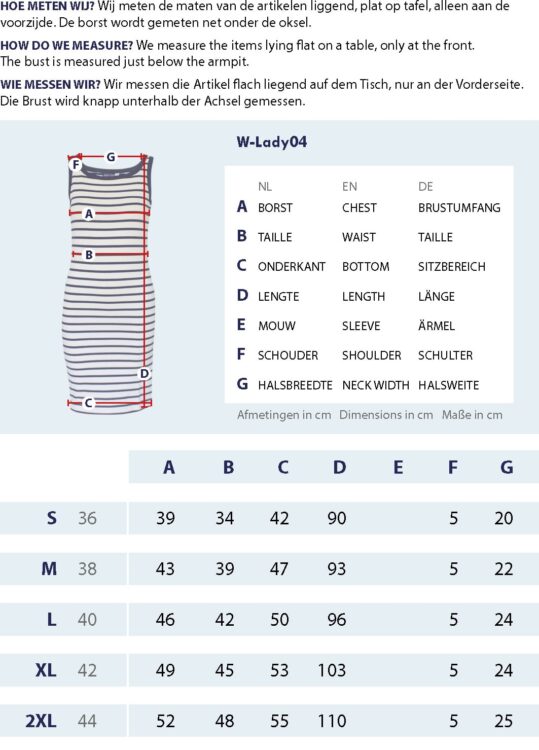 Gr&ouml;&szlig;entabelle Damen gestreiftes Tr&auml;gerkleid mit Messpunkten und Abmessungen