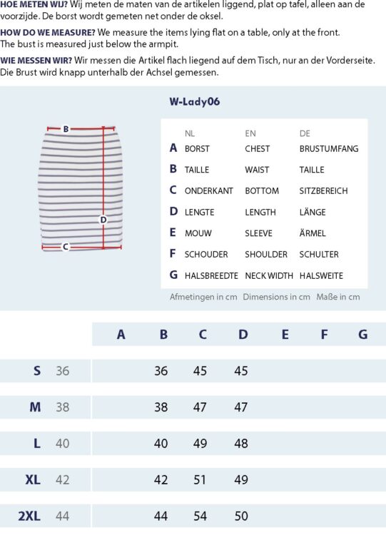 Größentabelle Damen gestreifte Rock mit Messpunkten und Abmessungen
