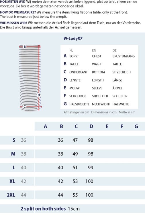 Größentabelle Damen gestreifter langer Rock mit Messpunkten und Abmessungen