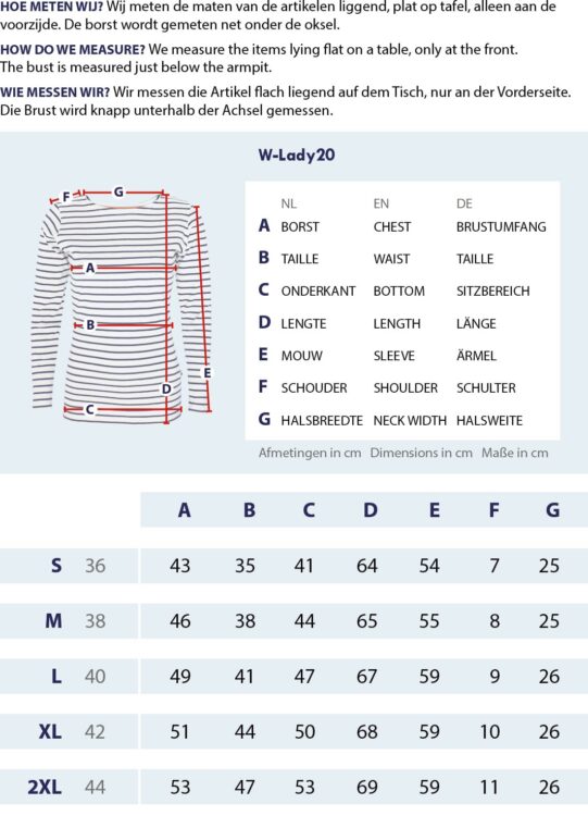 Größentabelle Nautisches Damen Shirt mit Messpunkten und Abmessungen