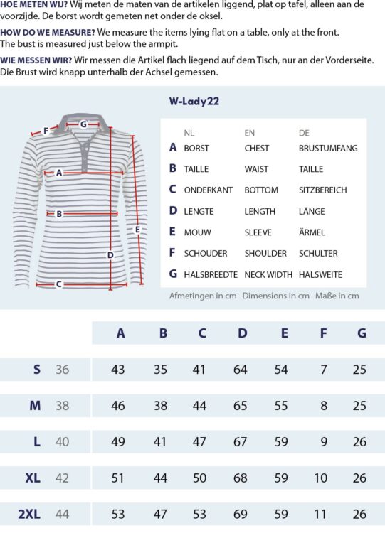 Größentabelle Poloshirt Langarm mit Messpunkten und Abmessungen