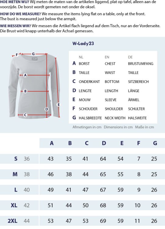 Gr&ouml;&szlig;entabelle Damen Uni Langarmshirt mit Messpunkten und Abmessungen