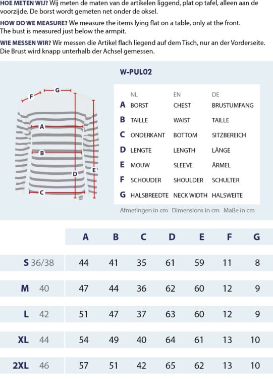 Gr&ouml;&szlig;entabelle Streifenpullover f&uuml;r Damen mit Messpunkten und Abmessungen