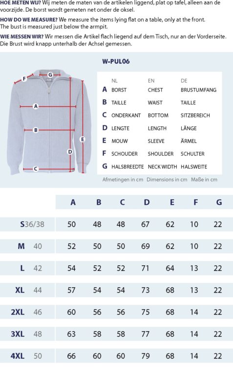 Größentabelle Schippersvest mit Messpunkten und Abmessungen