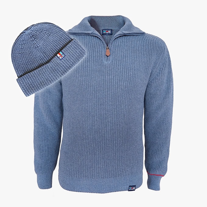 Kombi-Angebot Schipperstrui und Mütze für Herren in der Farbe Jeans